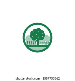 Green Regenerative Vector Ecology Icon. Permaculture Icon with Fruit Trees and Crops. Food Forest Logo.