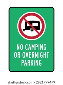 Green regulatory sign featuring a camper trailer crossed by a red prohibition symbol and clear no camping or overnight parking message. Ideal for RV restrictions, private parking areas, roadside locations, caravan regulations, parks and outdoor property signage.