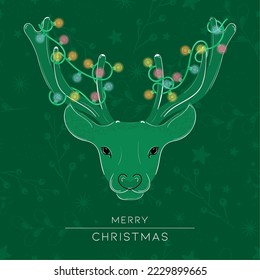 Green reindeer cartoon Merry christmas card Vector illustration