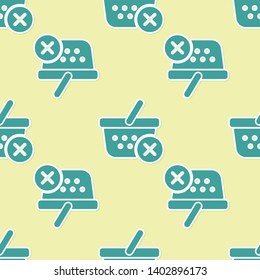Green Remove shopping basket icon isolated seamless pattern on yellow background. Online buying concept. Delivery service sign. Supermarket basket and X mark. Vector Illustration