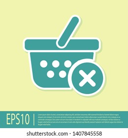 Green Remove shopping basket icon isolated on yellow background. Online buying concept. Delivery service sign. Supermarket basket and X mark. Vector Illustration