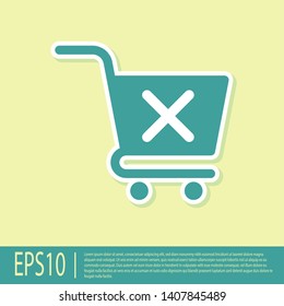 Green Remove shopping cart icon isolated on yellow background. Online buying concept. Delivery service sign. Supermarket basket and X mark symbol. Vector Illustration