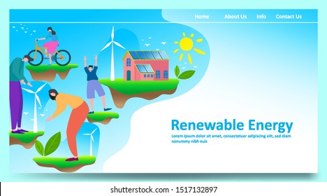 Green renewable energy concept with people or family parent kid. Boy girl are happy life on earth with clean energy from solar panels and wind generators, walking, playing, cycling in city. - Vector