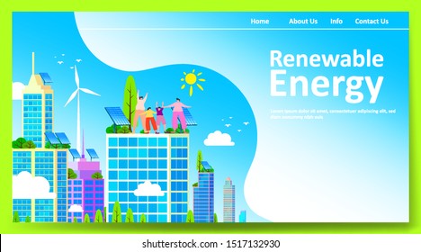 Green renewable energy concept with people or family parent kid. Boy girl are happy life on earth with clean energy from solar panels and wind generators, walking, playing, cycling in city. - Vector