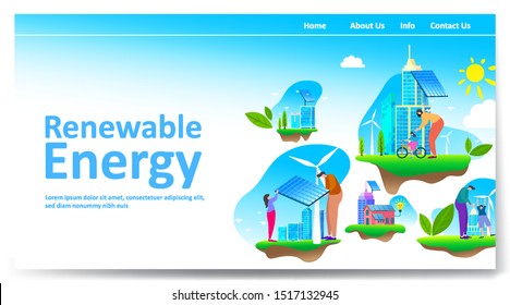 Green renewable energy concept with people or family parent kid. Boy girl are happy life on earth with clean energy from solar panels and wind generators, walking, playing, cycling in city. - Vector