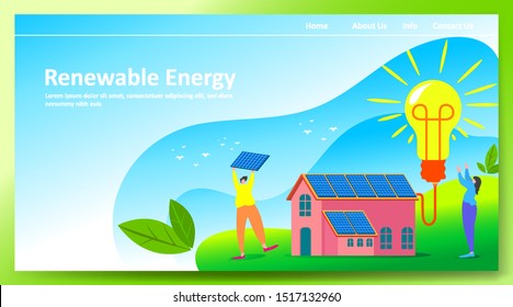 Green renewable energy concept with people or family parent kid. Boy girl are happy life on earth with clean energy from solar panels and wind generators, walking, playing, cycling in city. - Vector