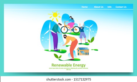 Green renewable energy concept with people or family parent kid. Boy girl are happy life on earth with clean energy from solar panels and wind generators, walking, playing, cycling in city. - Vector