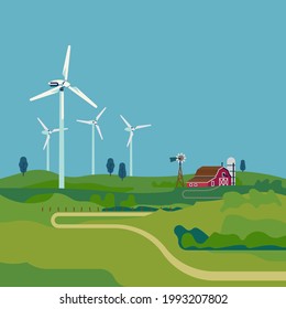 Green renewable energy concept vector illustration. Sustainable energy themed visual with wind electric turbine generators seen over green rural area. Peaceful landscape with fields and wind mills