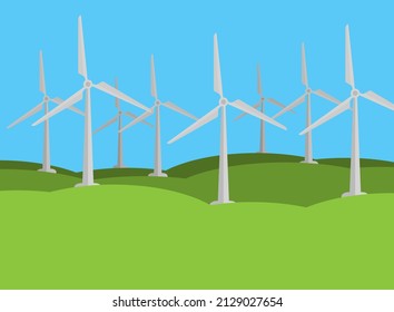 green renewable energy concept, wind turbines in green landscape, vector illustration with copy space