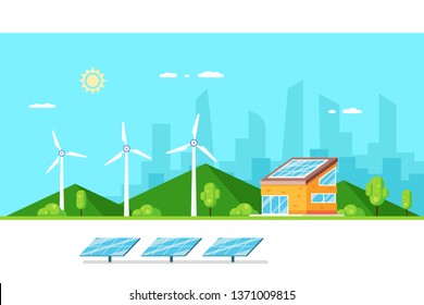 Green renewable energy house concept. Solar panel and wind turbines. Flat style illustration.