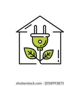 Green renewable energy in house, electric plug isolated line icon. Vector modern house, electric plug with leaves, eco energy. Home with plant plug shape, eco friendly building, outlet with leaf