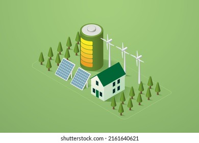 Green Renewable Energy House With Solar Panels And Wind Turbines, Clean Energy And Environmentally Sustainable Alternative Energy With Energy Storage In Battery. Isometric Vector Illustration.