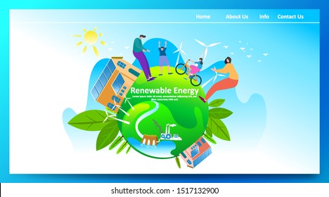 Green renewable energy with people or family parent kid. Boy girl are happy life on earth globe with clean energy from solar panels and wind generators, walking, playing, cycling in city. - Vector
