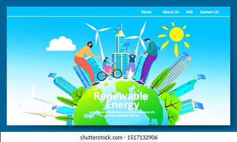 Green renewable energy with people or family parent kid. Boy girl are happy life on earth globe with clean energy from solar panels and wind generators, walking, playing, cycling in city. - Vector