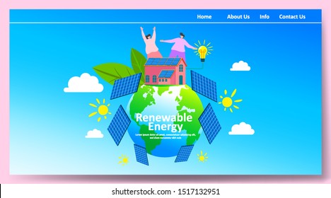 Green renewable energy with people or family parent kid. Boy girl are happy life on earth globe with clean energy from solar panels and wind generators, walking, playing, cycling in city. - Vector