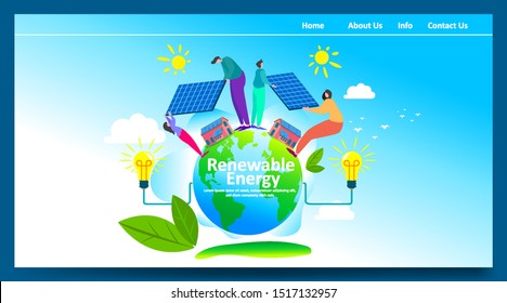 Green renewable energy with people or family parent kid. Boy girl are happy life on earth globe with clean energy from solar panels and wind generators, walking, playing, cycling in city. - Vector