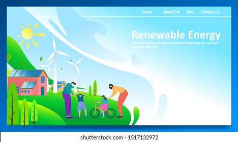 Green renewable energy with people or family parent kid. Boy girl are happy life on earth globe with clean energy from solar panels and wind generators, walking, playing, cycling in city. - Vector