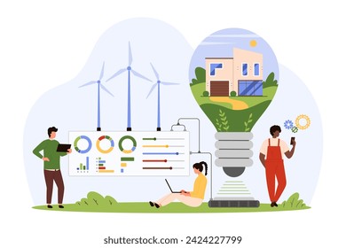 Green renewable energy for smart house. Tiny people control efficient electricity production for building inside light bulb, work with eco friendly wind turbine generator cartoon vector illustration