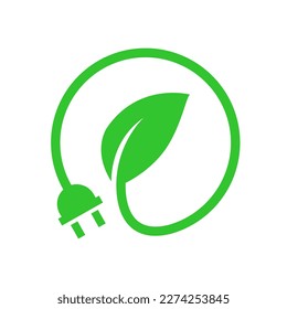 Green renewable plug leaf icon design. Electric power energy charge button symbol illustration.