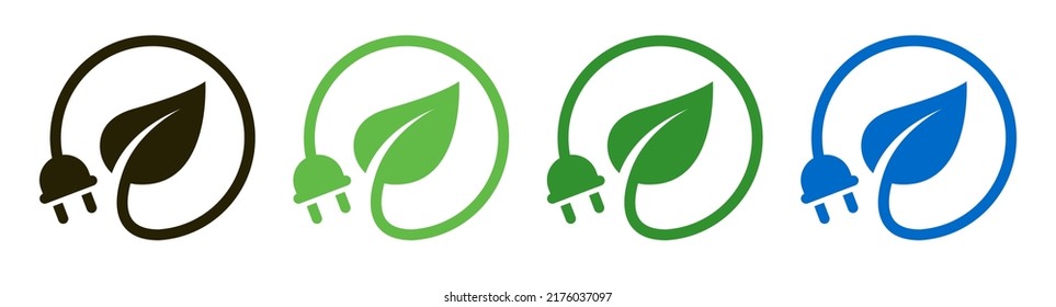 Vector de diseño de iconos de hoja de enchufe renovable verde. Ilustración del símbolo del botón de carga de energía eléctrica.