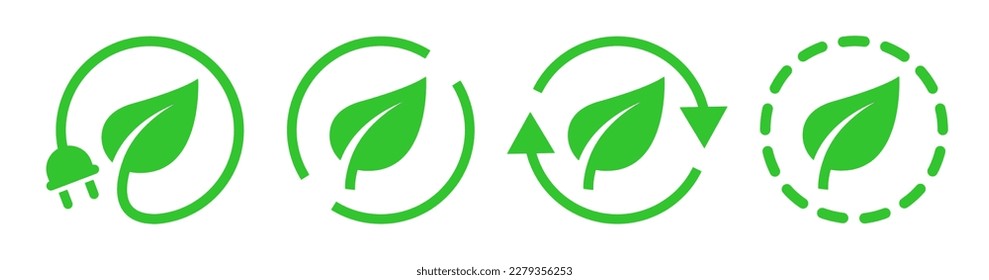 Green renewable power leaf icons design collection set. Electric energy charge button symbol.	