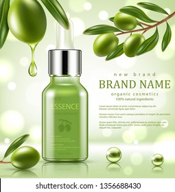 Green repair serum with green olive essence. Vector realistic illustration