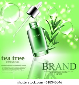 Suero de reparación verde con aceite de esencia de árbol de té, burbujas, elementos espumosos y gotas de agua. Ilustración vectorial realista.