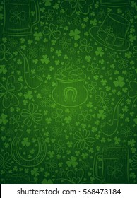 Green repeatable background for Patrick day with beer mug, hat, horseshoe, pipe and shamrocks, vector illustration