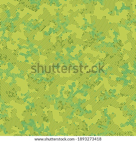 Green Repeated Circle Camouflage, Vector Art.  Seamless Graphic Khaki Modern, Camo Camo. Beige Repeated Halftone Camouflage, Graphic Print. Seamless Vector Patterd Design.