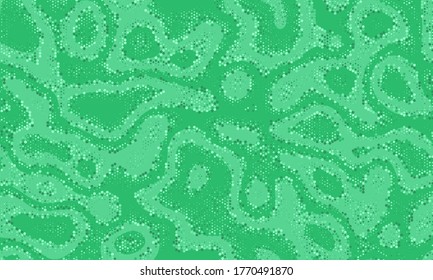 Green Repeated Doted Vector Background. Vibrant Texture Army Seamless Curved Graphic Pattern.  Bright Seamless Monochrome Vector Camouflage. Seamless Vibrant Texture