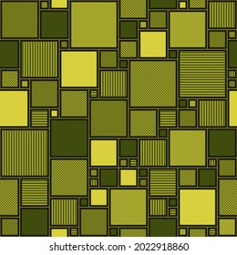 green repetitive background in patchwork style. color scraps. vector seamless pattern. square geometric shapes. fabric swatch. wrapping paper. continuous design element for textile, home decor, cloth