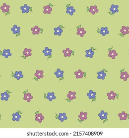 green repetitive background with simple blue and purple flowers. floral seamless pattern. vector illustration. baby fabric swatch. wrapping paper. continuous design template for home decor, textile