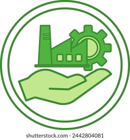 Green Responsible Manufacturing Icon. Vector Icon of Industrial Factory and Gear on Human Hand. Environment Protection Concept