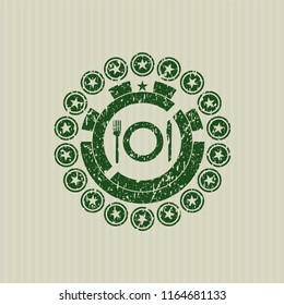 Green restaurant icon inside distressed grunge stamp