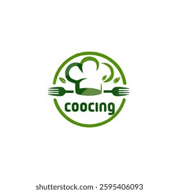 green restaurant logo with chef's hat and cutlery with "coocing" written on it