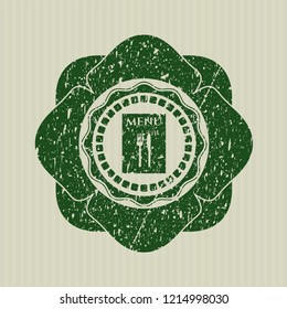 Green restaurant menu icon inside distressed rubber seal with grunge texture