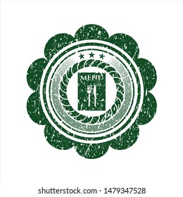 Green restaurant menu icon inside distress rubber stamp with grunge texture