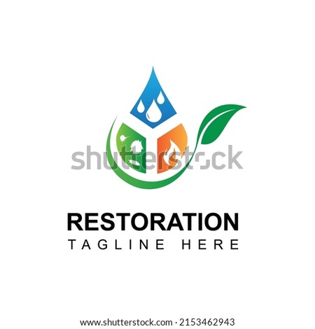 Green Restoration Logo Design Template With Water Drop and Leaf. Water, Fire, and Mold Logo Design
