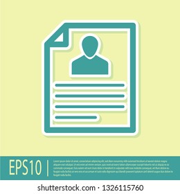 Green Resume icon isolated on yellow background. CV application. Searching professional staff. Analyzing personnel resume. Flat design. Vector Illustration