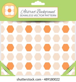 Green retail package of vector abstract seamless pattern with orange and light beige hexagon shapes with pattern unit in the top. 
