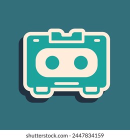Green Retro audio cassette tape icon isolated on green background. Long shadow style. Vector