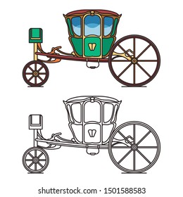 Green retro buggy or king horse vehicle. Vintage chariot for queen or old cab for princess. Contour of dormeuse or outline of clarence, brougham wagon icon. Romantic wedding or marriage transport