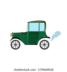 Green retro car in cartoon style on white background. 