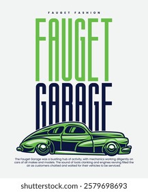 green Retro Car garage Illustration T-shirt Design