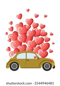 Un coche retro verde rodeado de corazones rojos flotantes. Ilustración romántica para el día de San Valentín. Vector.