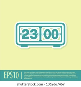 Green Retro flip clock icon isolated on yellow background. Wall flap clock, number counter template, all digits with flips. Flat design. Vector Illustration