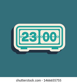 Green Retro flip clock icon isolated on blue background. Wall flap clock, number counter template, all digits with flips. Long shadow style. Vector Illustration
