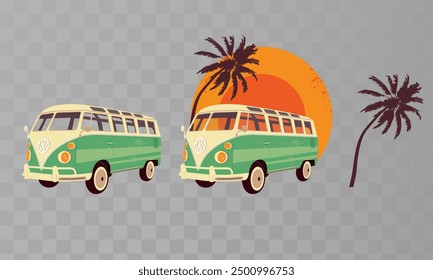 Green retro hippie bus van with palm and sun on a sunset