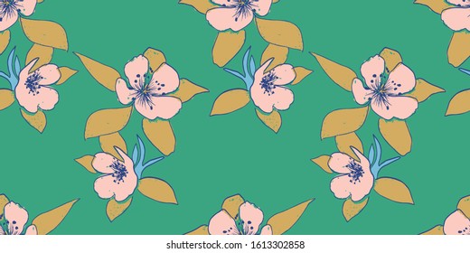 green retro inspired textured botanical seamless vector pattern