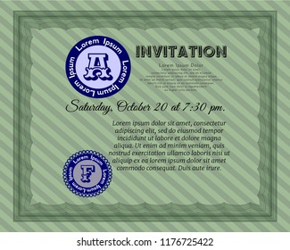 Green Retro invitation. Complex background. Artistry design. Detailed. 